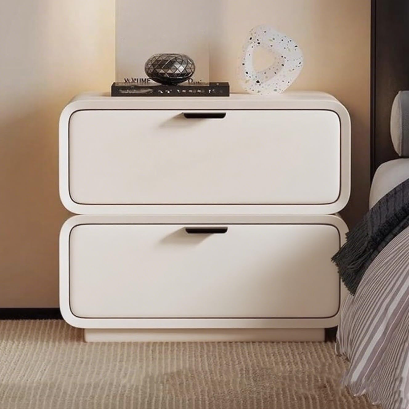 with 2 Drawers Cream Two-Tone Bedside Table Faux Leather and Solid Wood Frame Storage Cabinet End for Bedroom Living Room or Office(Beige,17.7x15.7x18.9in)