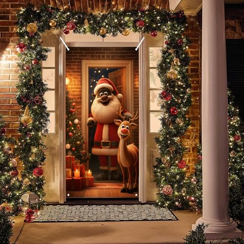 Image of BlissYard Christmas Door Banner Reindeer Santa 35x71 Inch Polyester