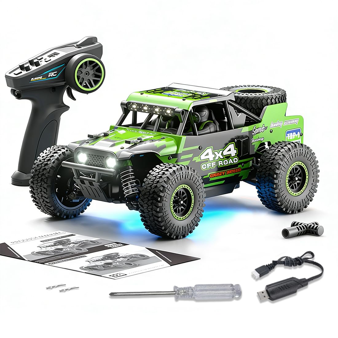 RC Crawler, SG202-PRO skala 1/20 4WD w pełni proporcjonalna metalowa podwozie RC Off-Road Truck ze światłami LED, pojazd zdalnie sterowany klasy hobby (wersja szczotkowana/zielona)