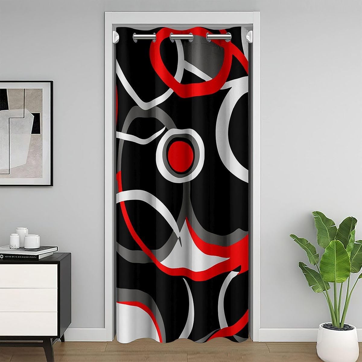 jejeloiu Geometric Strip Lines Door Curtain for Doorway, Window Treatments for Couch, Abstract Window Treatments s,Luxury Art Room Divider Curtain Cover, 52"x80"Red Grey Black