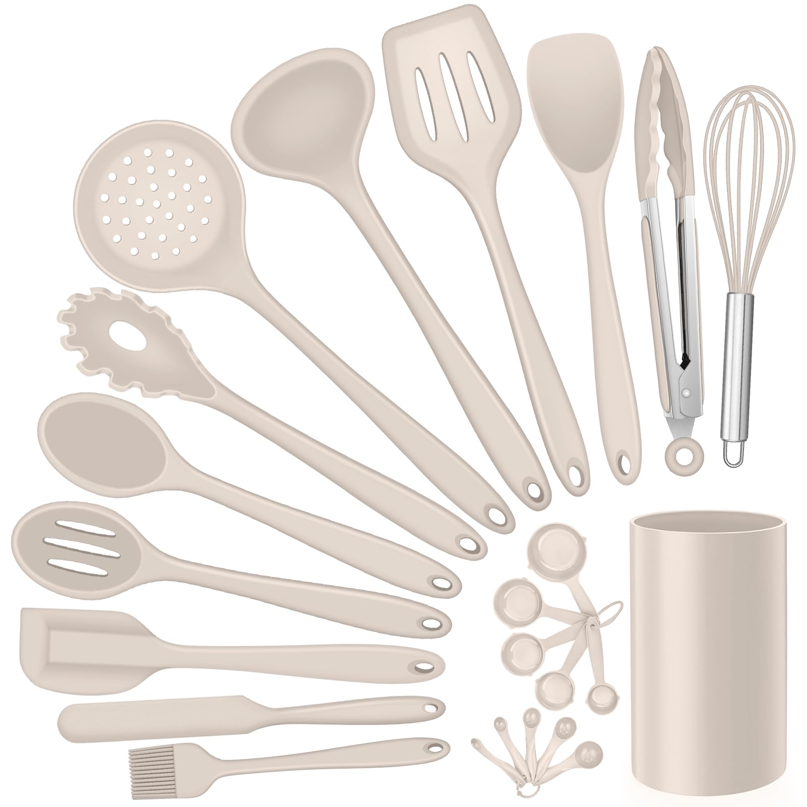E-far - Juego de utensilios de cocina de silicona, 23 piezas, color caqui, con soporte para utensilios de cocina antiadherentes, incluye espátula/cucharón/cucharón/pinzas/volteador, resistente al