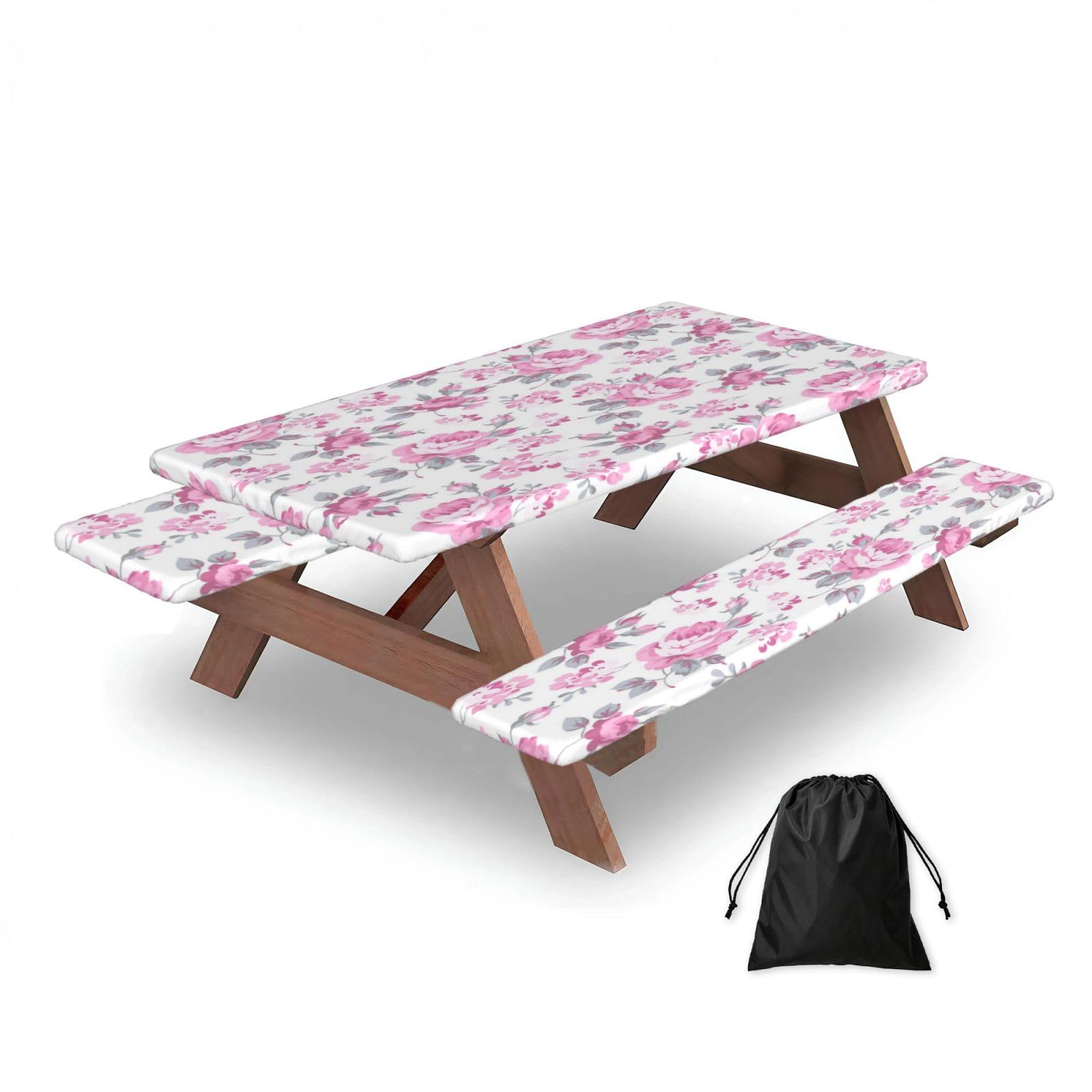Dopklna As Picture Shabby Chic Floral Pink Pattern Pale Roses White, Picnic Table Cover With Bench Covers -Waterproof Elastic Fitted Tablecloth For Garden Camping Patio 76X152cm
