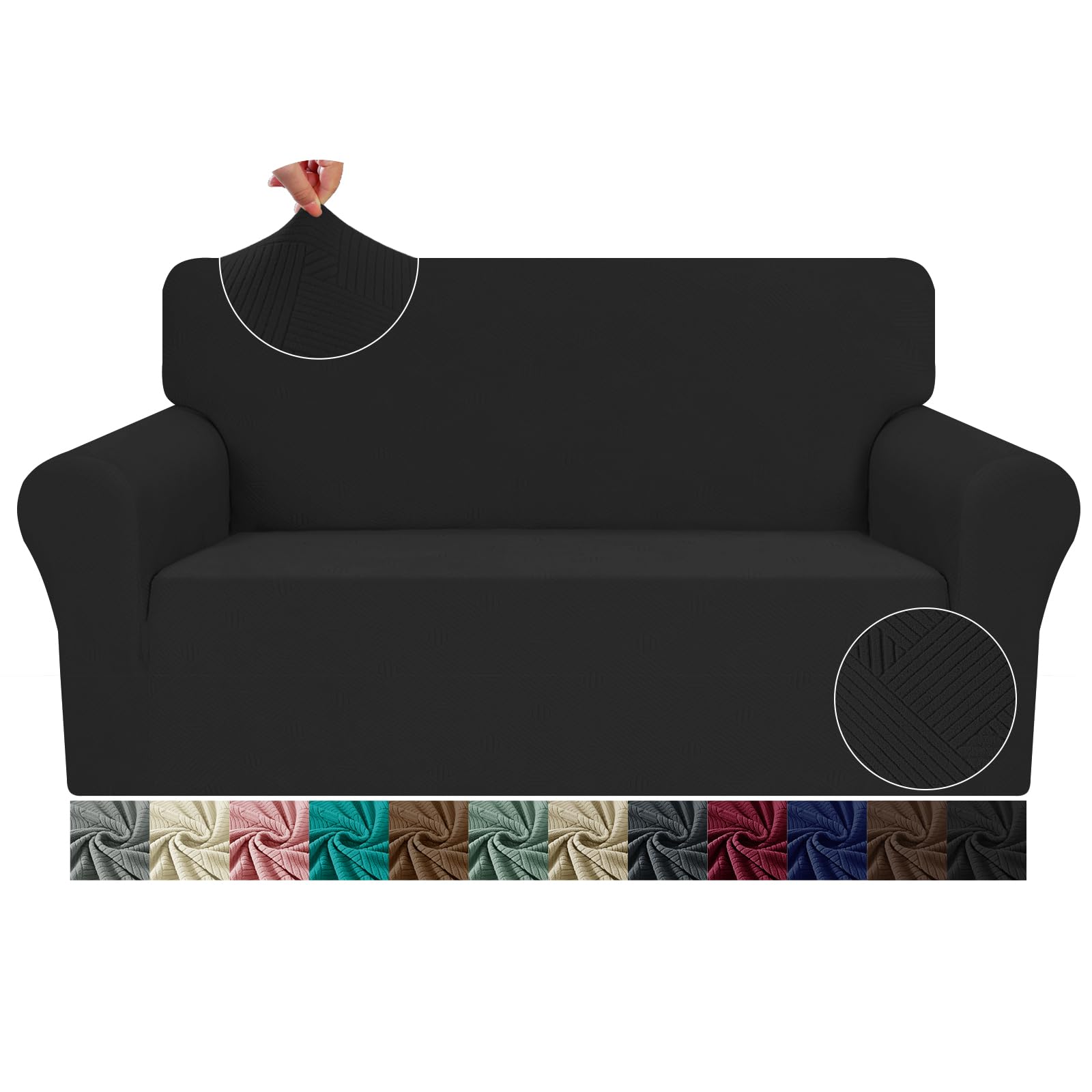 JIVINER Loveseat Slipcovers, 1 Piece Stretch Couch Covers for 2 Cushion Furniture Protector with Elastic Bottom for Kids Pets Jacquard 2 Seater Sofa Cover (Loveseat, Black)