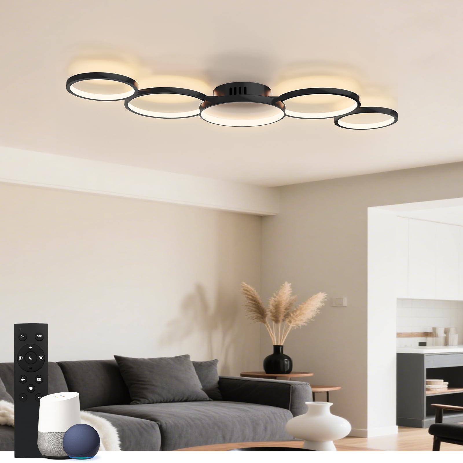 Sky angle Plafoniera LED con App Alexa e Google Home, Luminaria rotonda e dimmerabile - 50W 6000LM regolazione da 3000K a 6000K per soggiorno e camera da letto - 100 cm