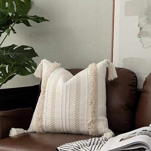 OJIA Funda de cojín decorativa bohemia de 18 x 18 pulgadas, bonita funda de almohada rústica de granja, colección minimalista neutra, color blanco