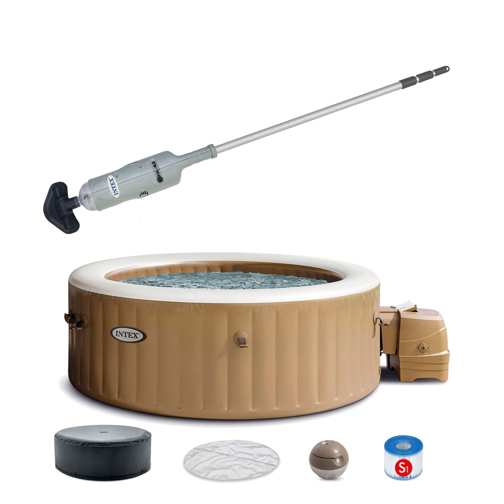 Intex Rechargeable Handheld above Ground Pool Vacuum Cleaner with 2 Brush Heads and PureSpa 4 Person Bubble Massage Inflatable Hot Tub Spa, Sahara Tan
