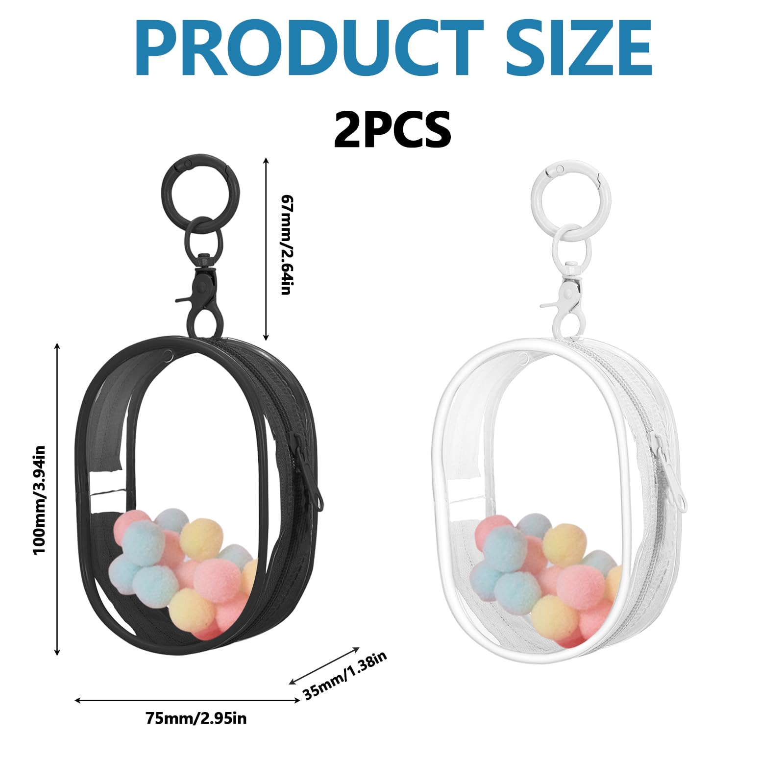 Huakaile 2 Pieces Clear Figure Display Bag with Keychain, Clear Pouch Keychain with Zipper & Fur Balls, Mini Doll Pouch Carrying Case for Blind Box Storage Collectibles (2 PCS, White, Black)