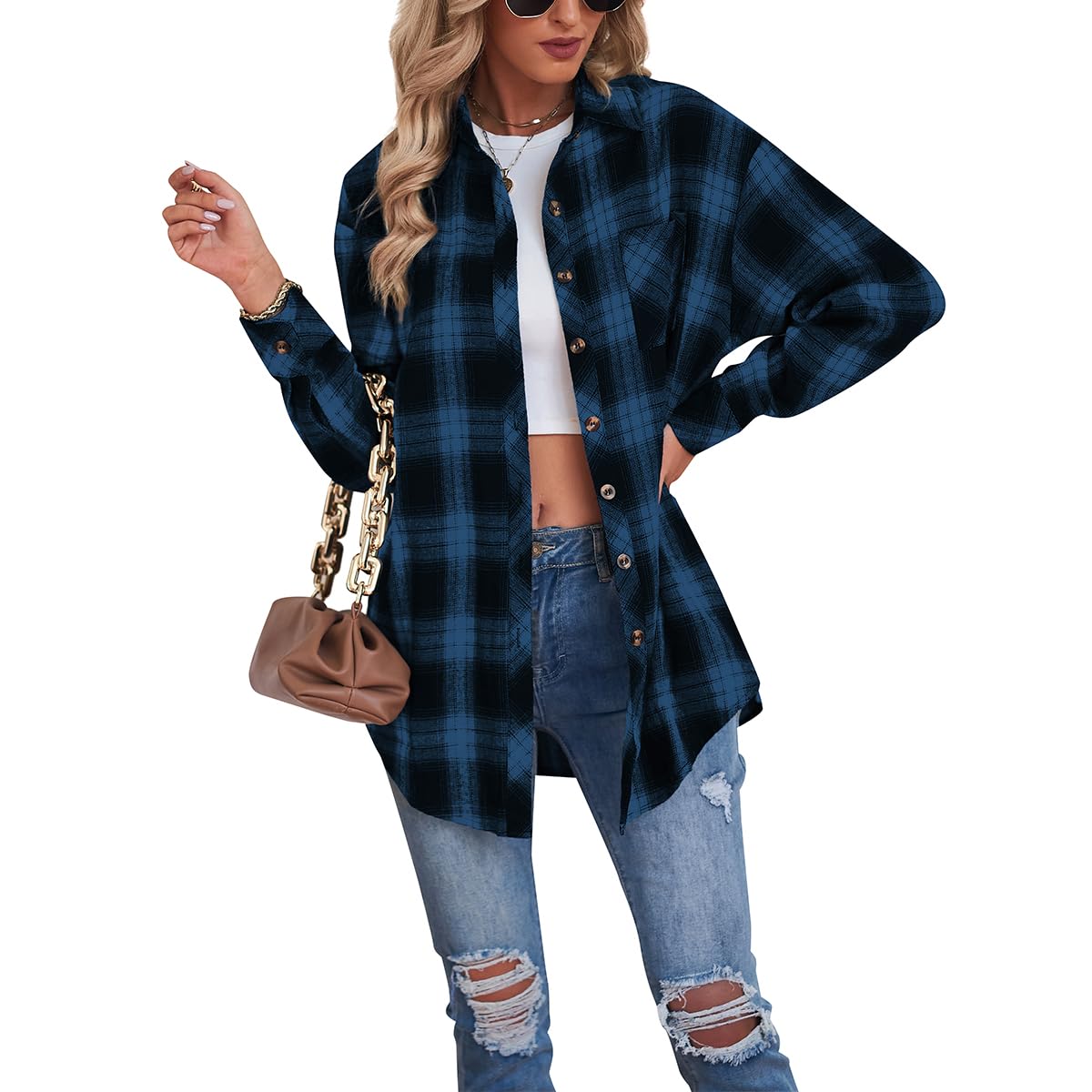 FEOYA Camicia Donna A Quadri Flanella – Maniche Lunghe, Button Down, Overshirt Con Tasche – Tartan, Colori A Blocchi