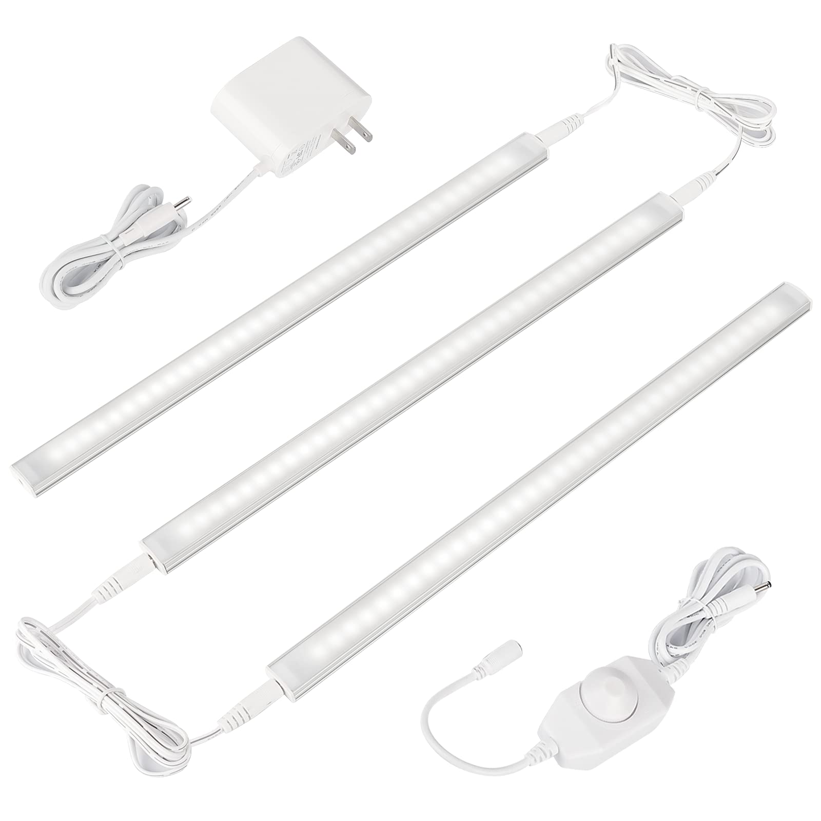 ASOKO Dimmable LED Under Cabinet Lighting, Daylight White 4000K, 3 Pcs 12 Inch Linkable Led Counter Light Bar Plug in, Wired LED Cabinet Light for Kitchen Shelf, UL Listed Plug DC12V