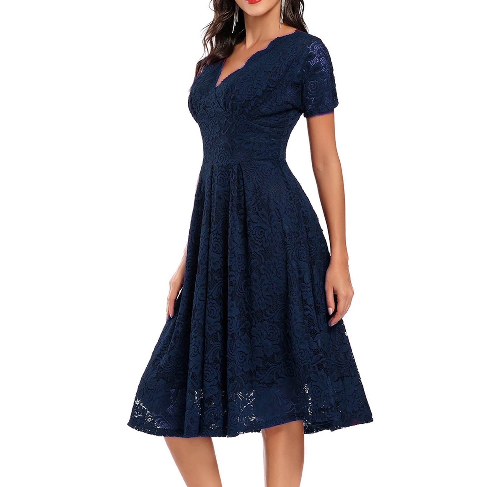 Festliches Kleid Hochzeitsgast Damen | Elegantes Spitzenkleid mit Kurzarm & Rüschen | Abendkleid & Cocktailkleid für Hochzeit und Abschlussball aus Chiffon