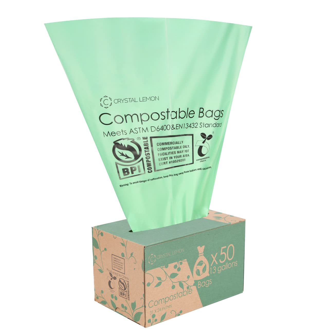 C CRYSTAL LEMONCompostable Trash Bags, Heavy Duty Compostable Trash Bags and Kitchen Garbage Bags (13 Gallon)