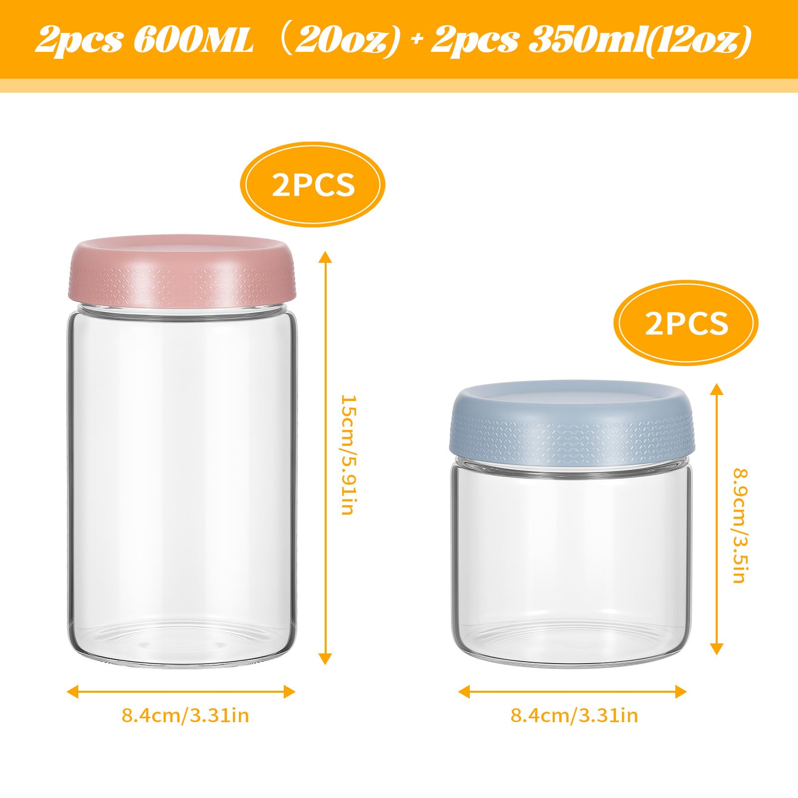 Zocipro Zestaw 4 słoików Overnight Oats Jar 600 ml i 350 ml, słoiki ze szkła borokrzemianowego, słoiki na jogurt i owsiankę z uszczelnianymi zakrętkami, hermetyczny szklany słoik do przygotowywania