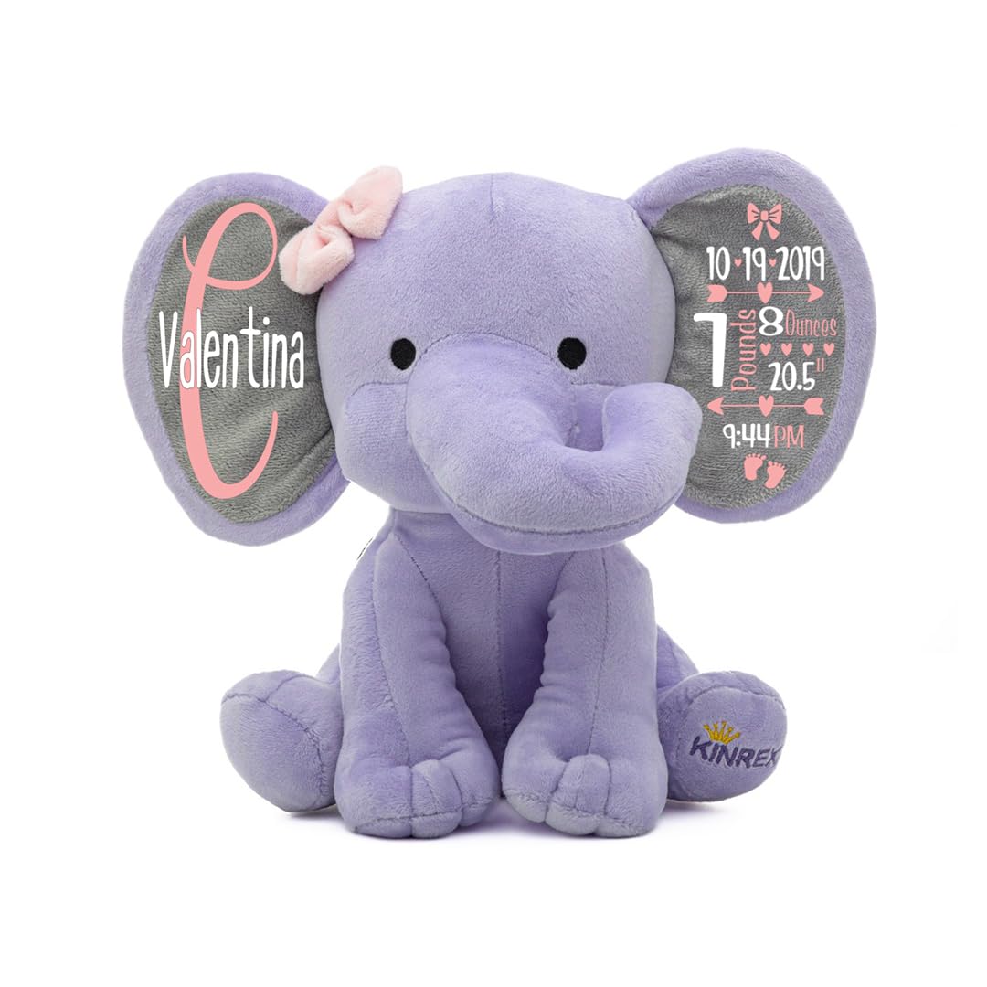 Personalized Elephant Stuffed Animal - Custom Birth Stats Announcement Stuff Elephants Animals for Babies, Baby Shower, Boy, Girl, Newborn, Customized Keepsake Plush Bear Gifts, Purple 9 Inches