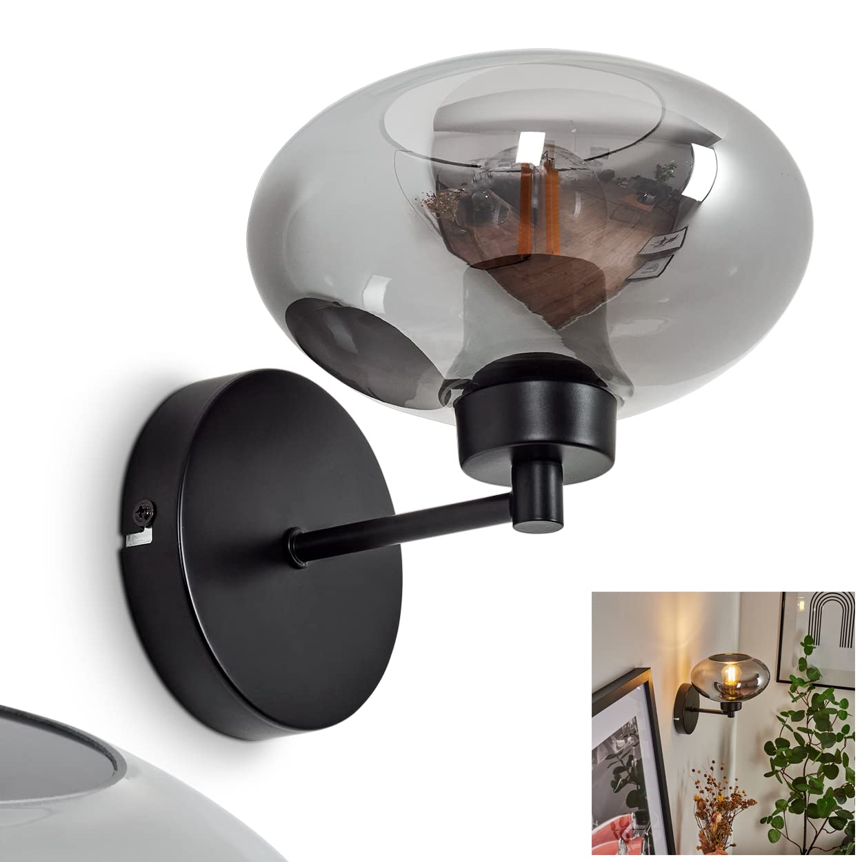 Hofstein Black Wall Light Haikala, Modern Wall Lamp Made Of Metal/Glass In /Smoke Colour, Retro/Vintage Light Up With Lampshade Made Of Smoked Glass (Ø 18,5 Cm), 1-Flame, 1 X E27, Without Bulbs
