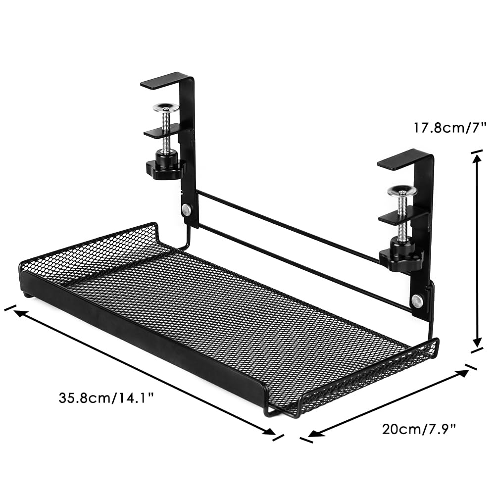 Baskiss Under Desk Cable Management Tray 2 Packs, Clamp Mount System 14.2" Under Desk Cord Organizer for Wire Management, Metal Mesh Cable Holder for Desks, Offices and Kitchens