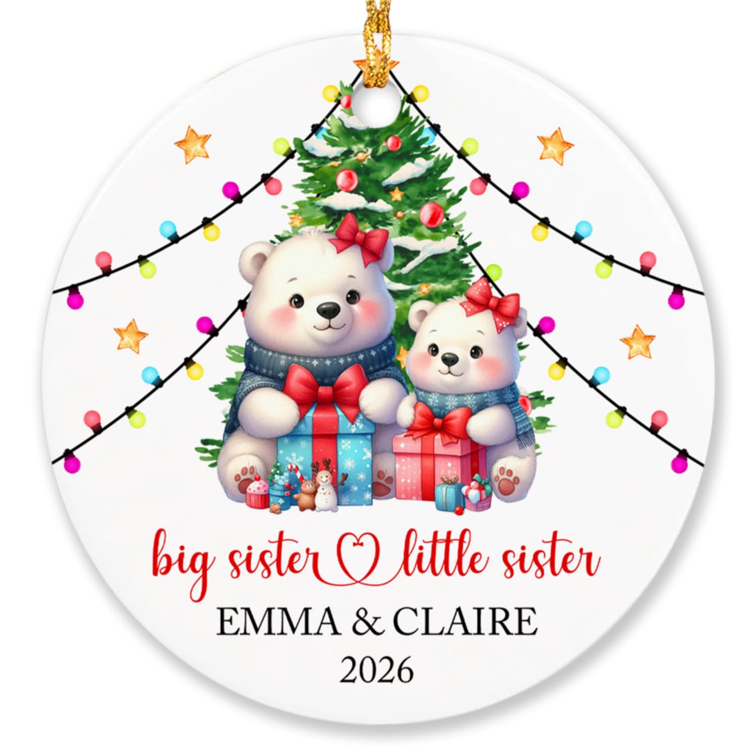 Custom Big Sister Little Sister Christmas Ornament, Personalized Sibling Christmas Polar Bear Ornament, Customized Choose Names & Year Polar Bear