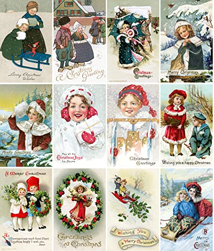 Image of PIXILUV HAPPY CHRISTMAS (Pack of 12) Notecards Small Greeting Cards # Cheerful Happy Children in Christmas Scenes ~ Vintage Christmas Postcards Reprint