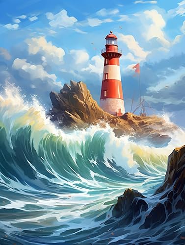 Kit de pintura de diamante redondo completo 5D por número para adultos principiantes faro y cuentas de diamantes de mar, arte de diamantes de