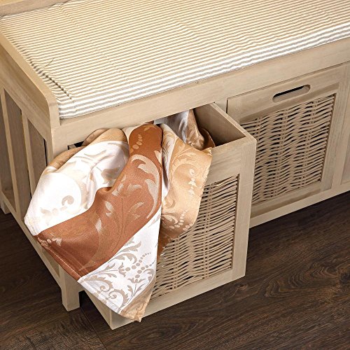 Melko Sitzbank-Kommode mit Stauraum 3 Weidekörben in beige aus Holz Sitzkommode mit Auflage Truhenbank 90 x 45 x 34 cm