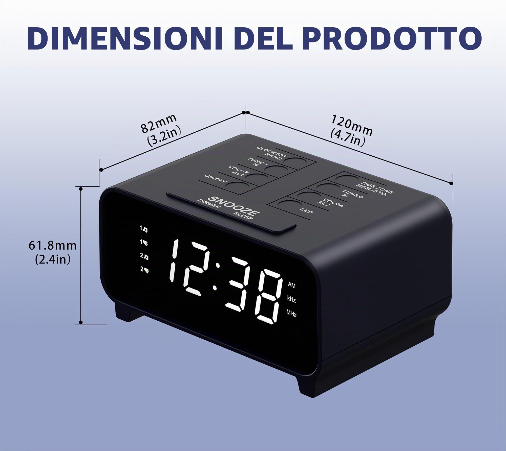iTOMA Radiosveglia con radio AM/FM, doppia sveglia, snooze, memoria preimpostata, dimmer, sleep timer, orologio digitale con controllo del volume, luce notturna, sveglia per camera da letto