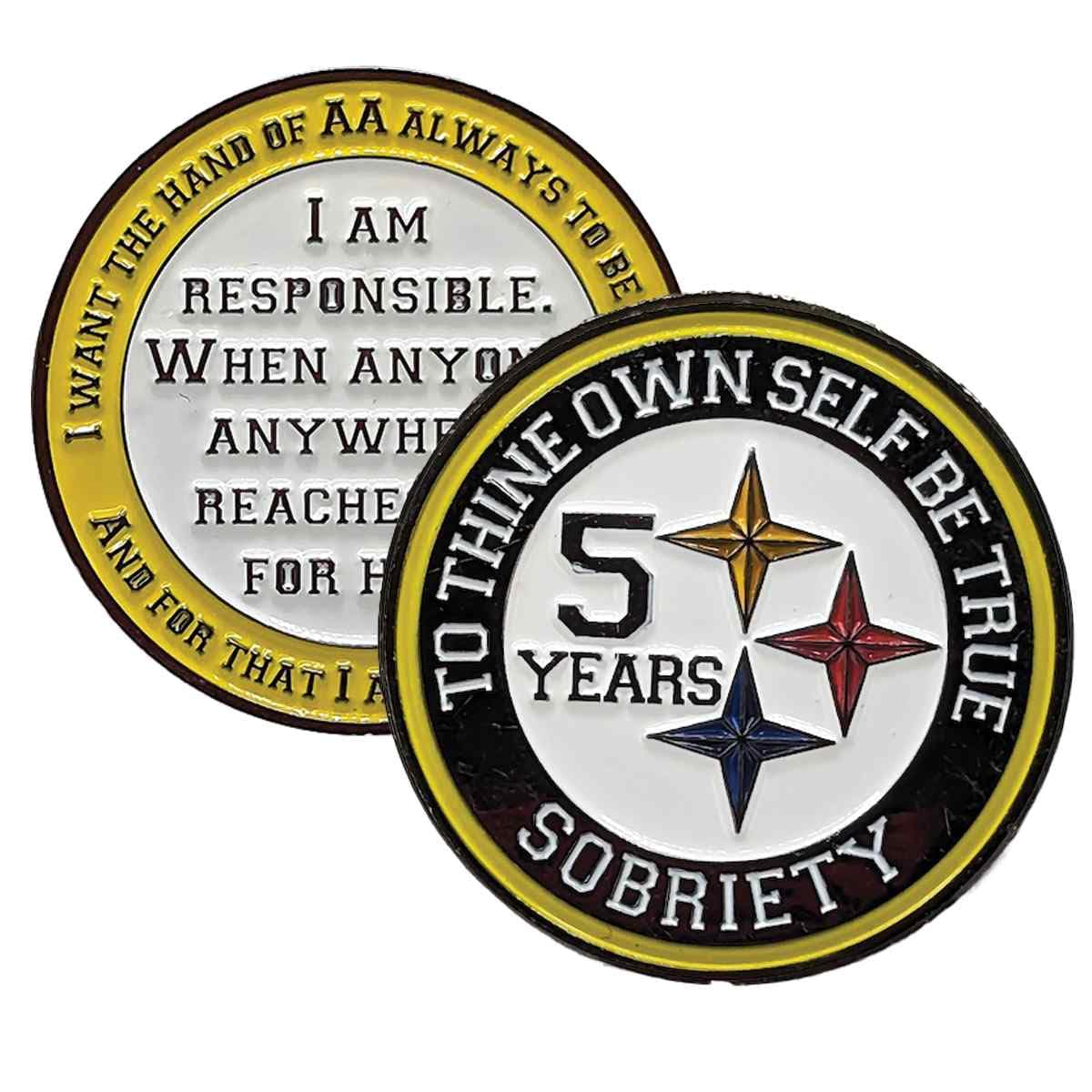 "Black and Gold Recovery Medallion in Years 1-50 with Alcoholics Anonymous Responsibility Pledge" (Year 5)