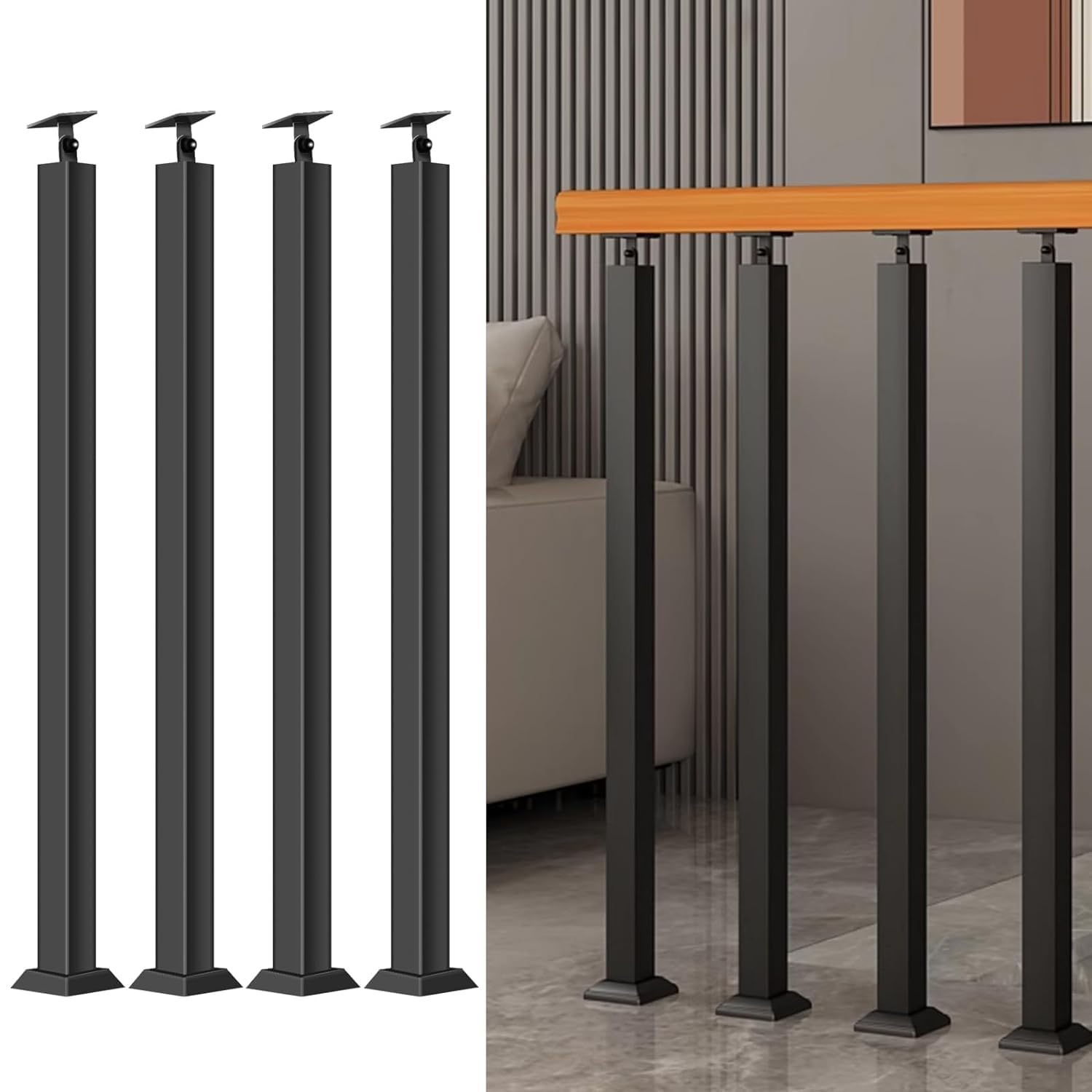 Adjustable Metal il - Black Railing for Indoor Corridors, Lofts & Stairs, 270° Corner Bracket, Set of 4 Balusters