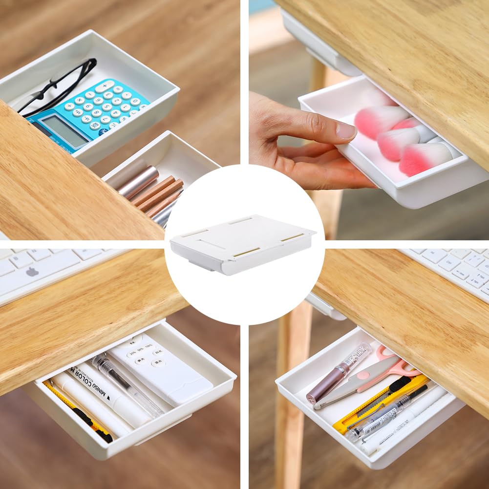 Cajón Debajo Del Escritorio,Organizador de Cajones Autoadhesivo,Almacenamiento Extensible Cajones Escritorio,Organizador de Cajones Caja de Almacenamiento Mini,Cajón Oculto,Blanco,25.5×20×4.2cm (4)
