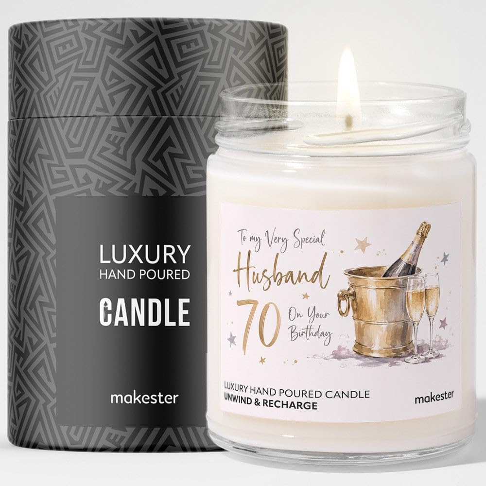70th Birthday Gift for Husband - Luxury Soy Wax Candle - Vanilla, Jasmine, Sugared Almond - Makester — image 1