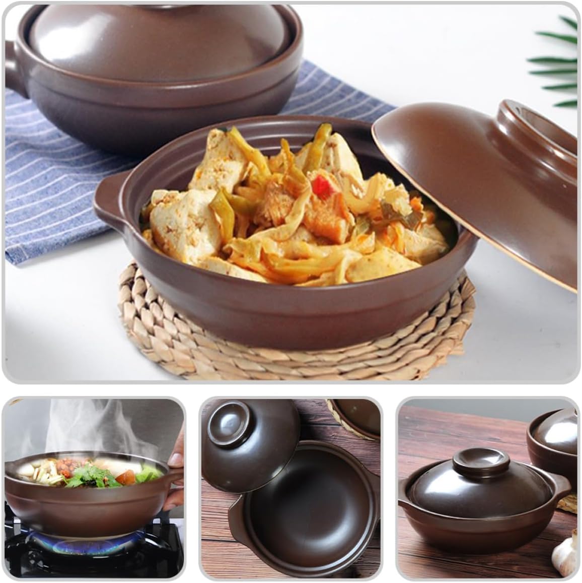 PRETYZOOM Traditional Casserole Pot for Cooking Kitchen Rice Noodles Soup Pot Dual Handle Cookware for Family Meals