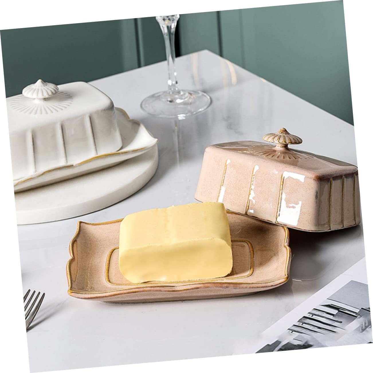 Garneck Rectangular Butter Plate Delicate Cheese Plate Ceramic Tableware Kitchen Items for Home Butter Holder Dish Lid