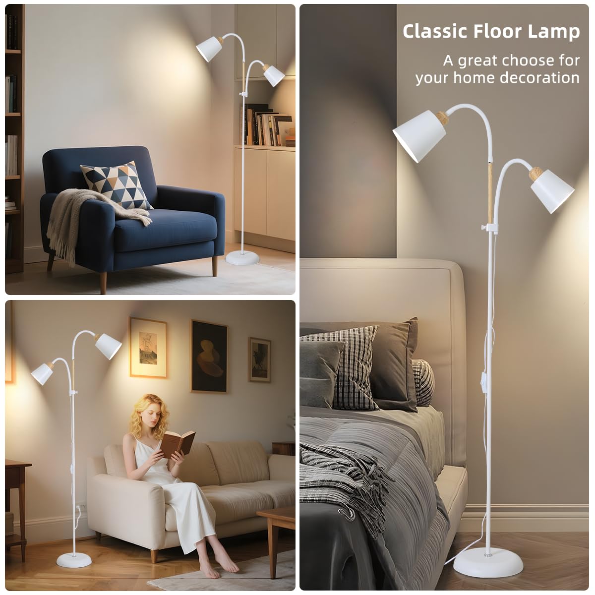 ANTENLICHT YOYO Stehlampe mit leselampe | E27 Fassung max. 60W | 360° schwenkbare Stehleuchte mit 2 Lampenköpfen | Vintage Modern Metall Stehlampe für Wohnzimmer | Höhe 159cm ohne Birne (Weiß)