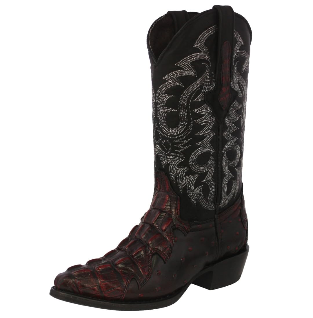 Texas Legacy Mens Black Cherry Western Cowboy Boots Crocodile & Ostrich Print