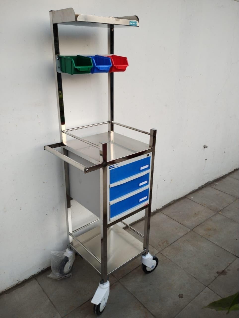 P.M.P.S. Crash Cart Trolley with 3 Bins & 3 Drawers S.S. Top & Shelves for Doctor's, Clinic, lab etc Size- 14 LX 15 WX 56H - Inches