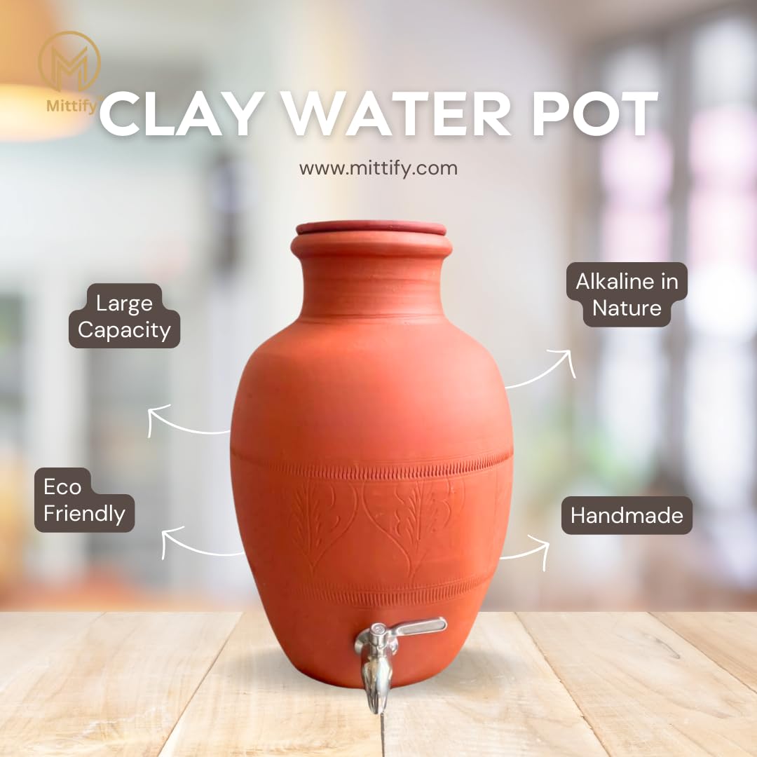 Pot d'eau fait main en terre cuite Rajasthani en acier inoxydable | Distributeur de terre 100 % écologique | Mitti ka Matka – 8 litres