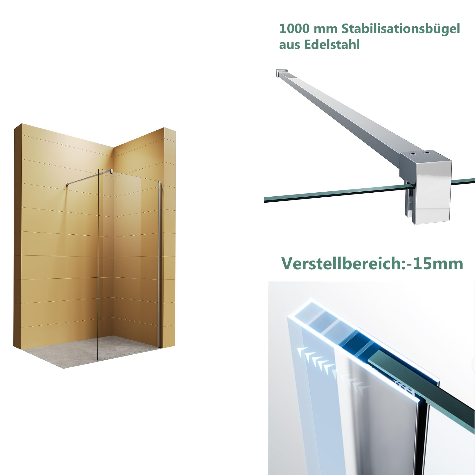 Walk In Duschtrennwand 110x200cm Duschwand 8mm ESG Glas mit Nano einfach-Reinigung Beschichtung, ausgestattet mit einer festen Haltestange Walk In Duschwand für Badezimmer