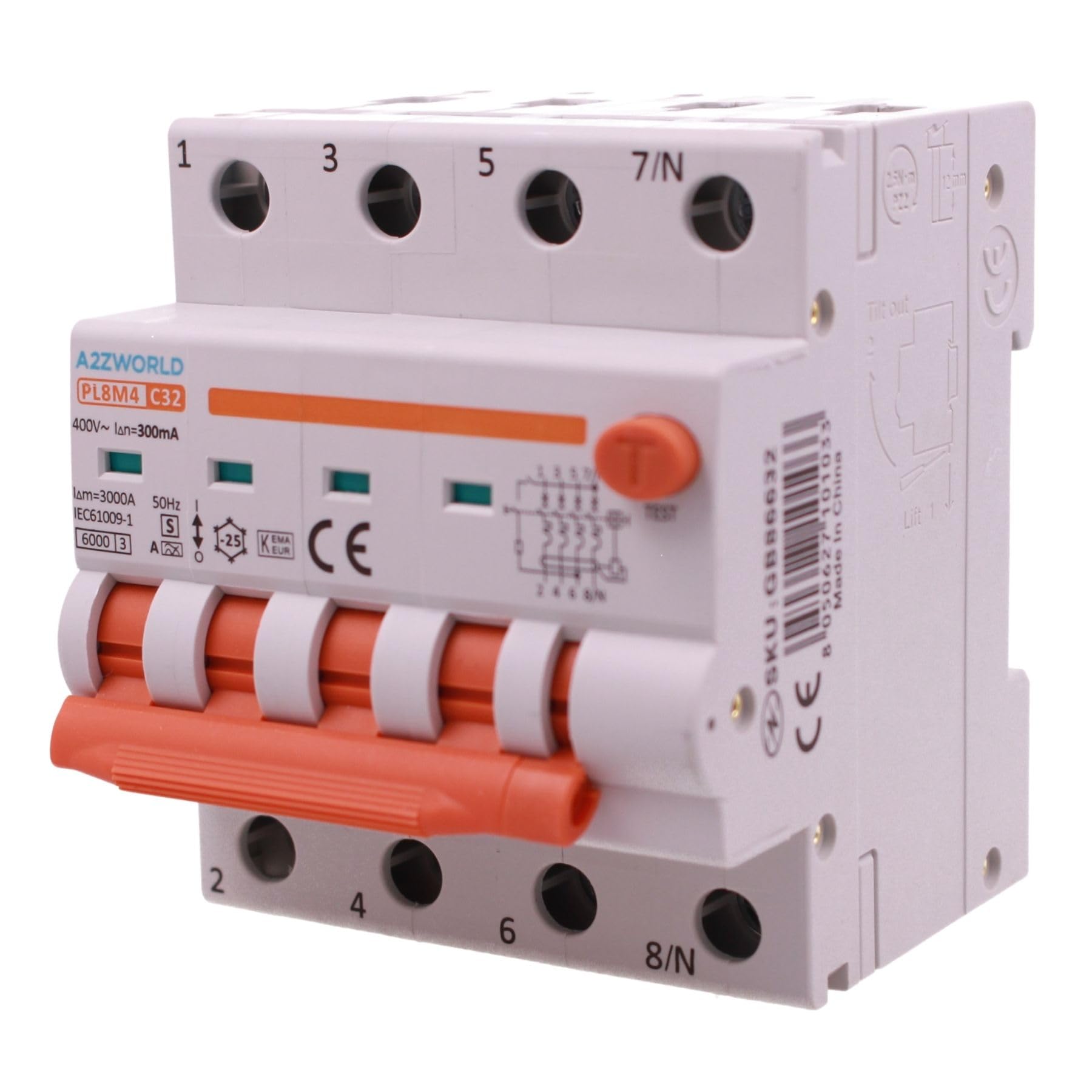 RCBO Selettivo Trifase 4P Veri, Tipo A(S) 300mA 32A C32, Interruttore Magnetotermico Differenziale Tipo S Classe A Curva C 6kA, Ritardo 500ms, 4 Moduli DIN 380V AC,Doppia Leva e Diagnostica Visiva