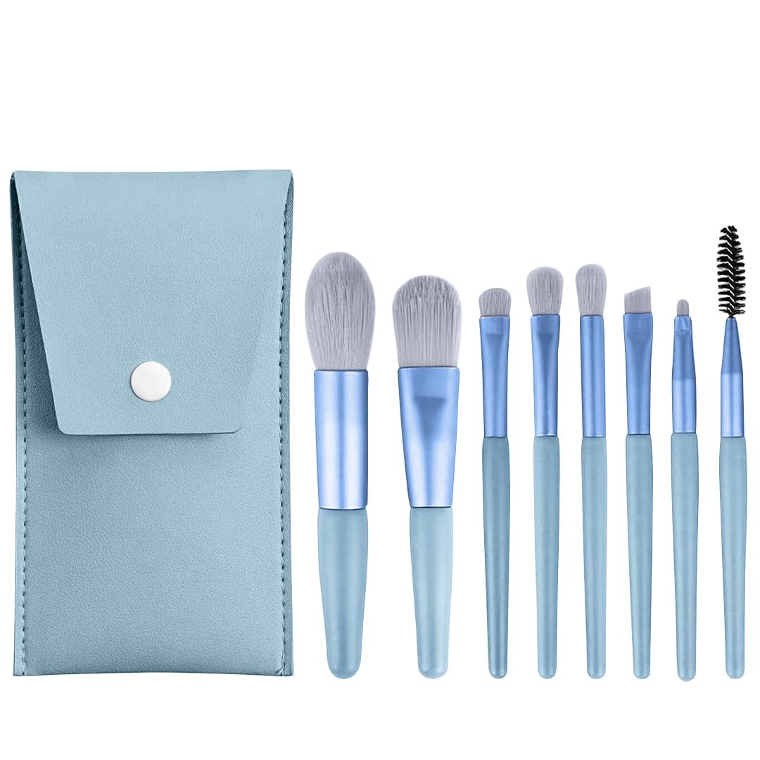 Gleva 8 Pcs Brush Set With Pouch, Makeup Brushes Premium Synthetic Kabuki Foundation, Concealers, Eye Shadows Professional Blush, Face Powder, Highlighter, Contour, Blending Eyeliner (Blue)