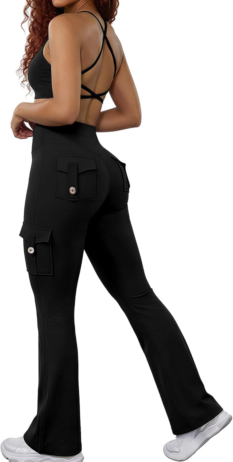 RXRXCOCO Women 2 Piece Workout Sets Flare Leggings with Pockets Butt Lifting High Waisted Cargo Gym Yoga Sets Pilates Outfits