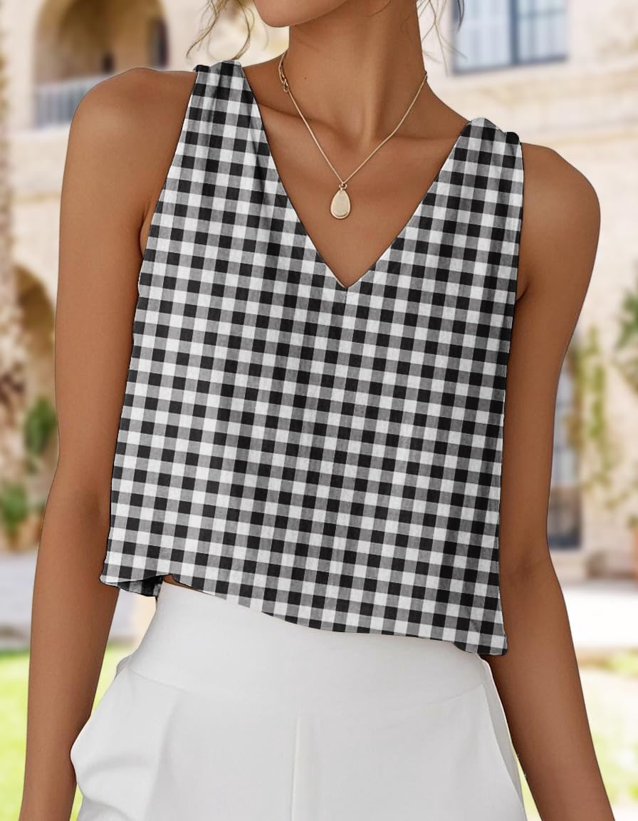 IDEALSANXUN Gingham Tank Tops for Women Spring Summer V Neck Cute Cropped Sleeveless Shirts Blouses - Image 4