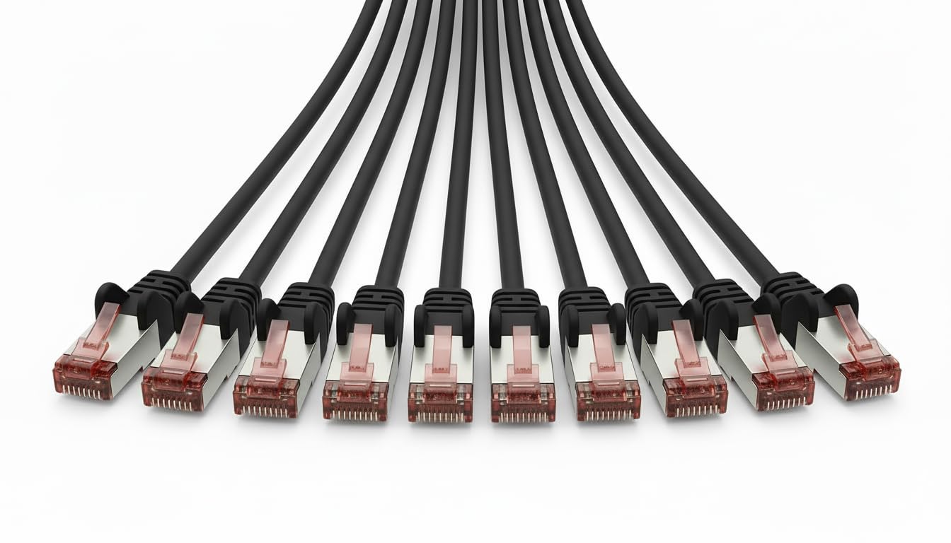 10 pezzi - 10 pezzi Cavo LAN AmzNet Cat6 nero Ethernet Cavo patch RJ45 S/FTP PiMF Doppia schermatura 250 MHz Contatti per Router Modem Switch PC placcato oro