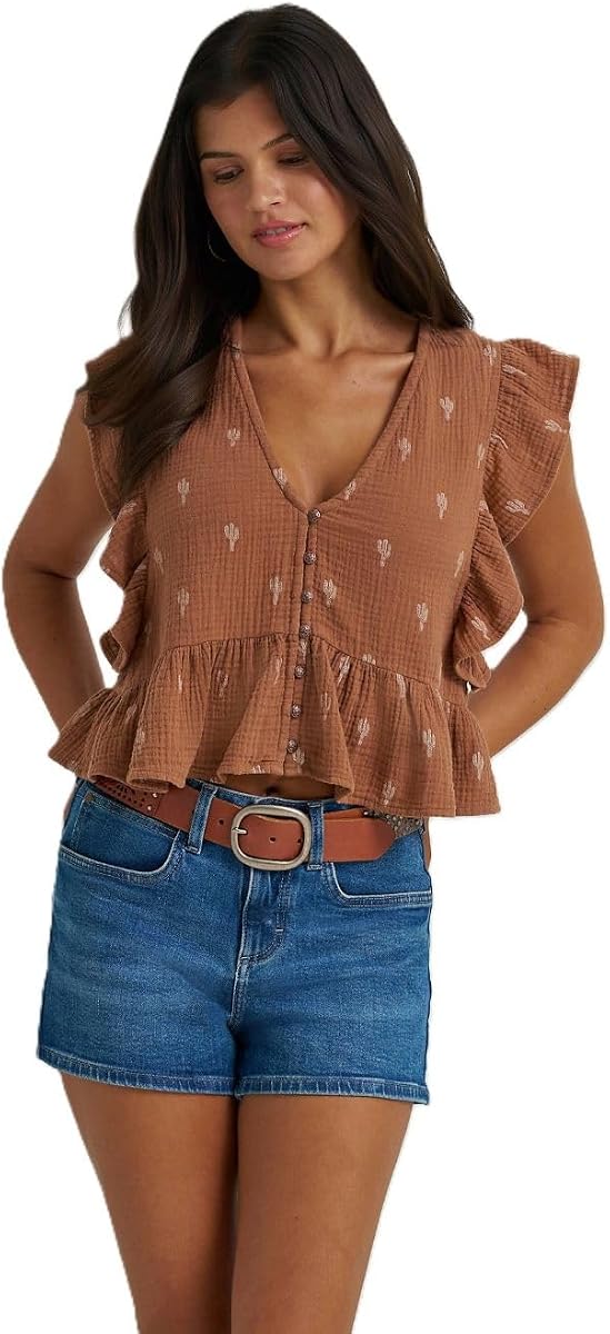 Wrangler Ladies Brown Gauzy Flutter Sleeve Blouse