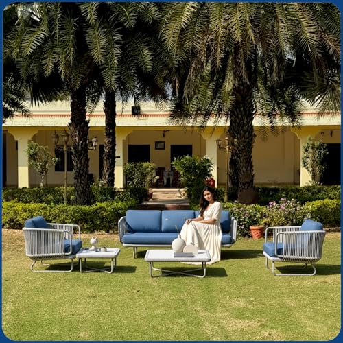 Image of Amazon Brand - Solimo Harbor Outdoor Rope Sofa Set | Balcony Sofa | Patio Conversation Sets | Braided Rope Garden Sofa Set and Table (5 Seater- Grey+ Navy Blue)