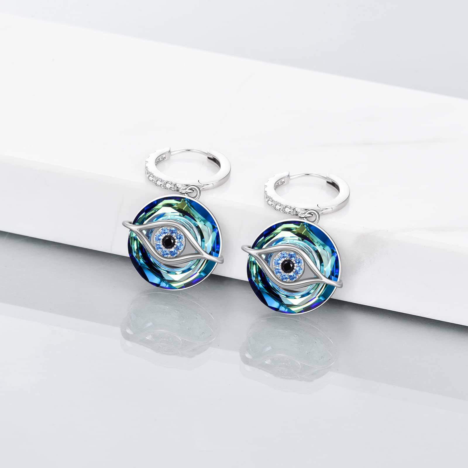 TOUPOP Pendientes de aro de mal de ojo para mujer, aretes de plata de ley 925 con gota de ojo con cristal azul, joyería de mal de ojo para mujer, Plata de ley, Crystal