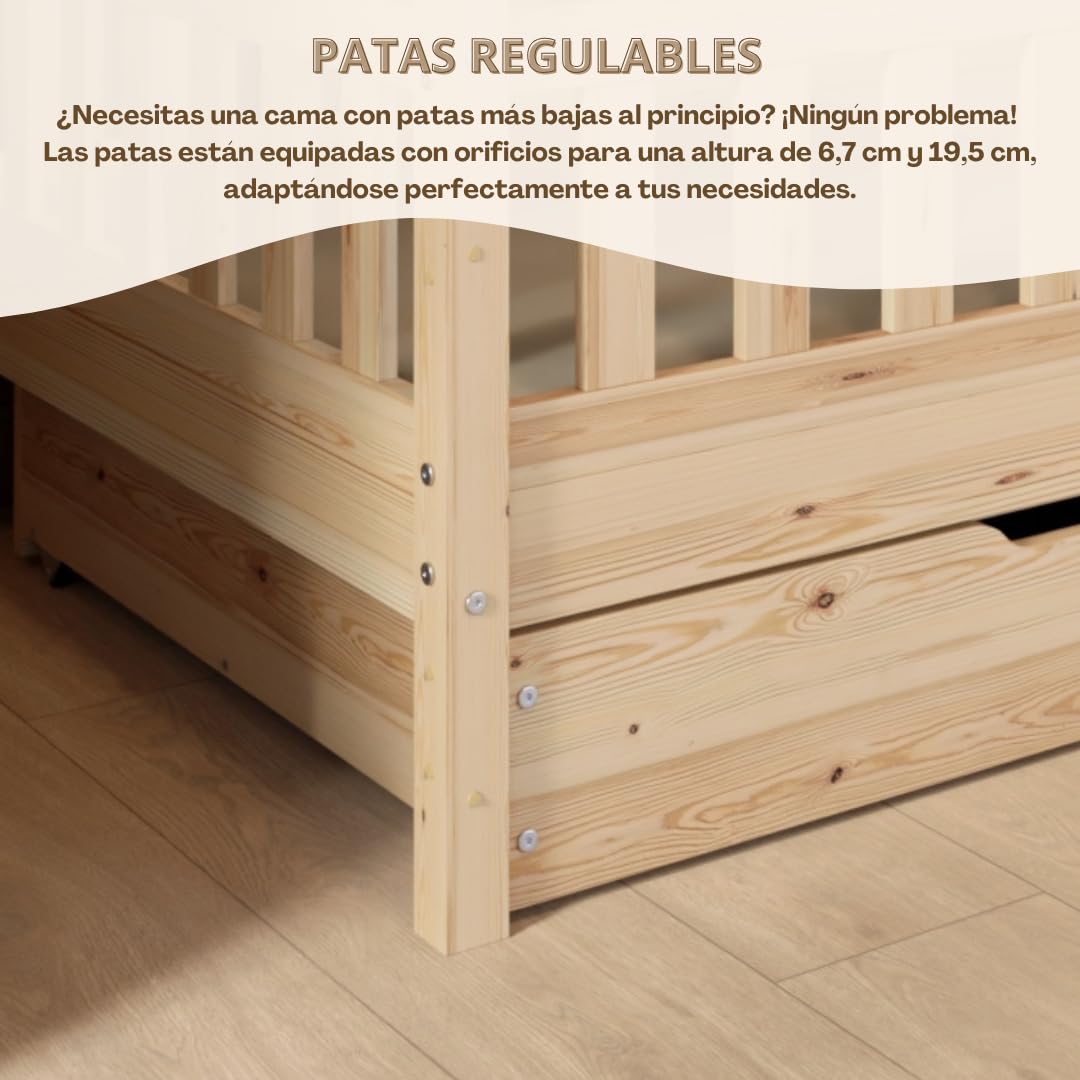 Cama Montessori en Forma de Casa 190x90 cm - Cama Infantil con Protección contra Caídas 40cm y Barrera Abrible - Camas Infantiles niño - Madera Natural con Cajones