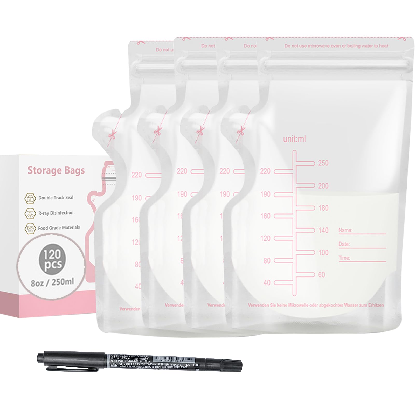 Breastmilk Storage Bags,120 count,Disposable Milk Storage Bag with 8.5 Ounce Self Standing, Presterilized, Hygienically Doubled-Sealed, Refrigeration and Freezing