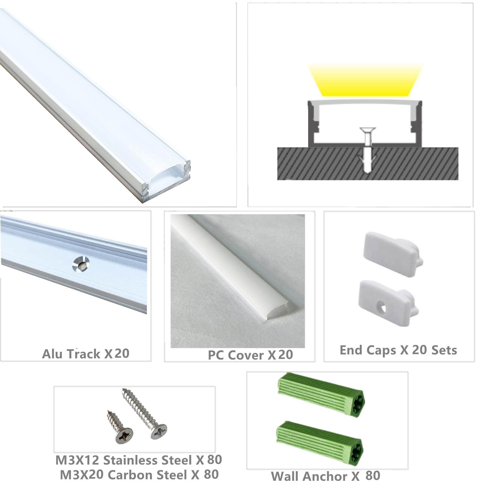 THMOOTHER 20 taśm LED, nawiercone, bez klipsów, do taśm LED w kształcie litery U, mocowane pod szafką, niski profil z mleczną osłoną odporną na promieniowanie UV (20 szt.)