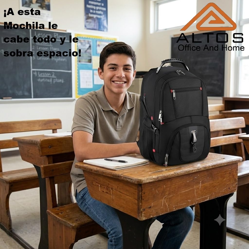 ALTOS OFFICE AND HOME Mochila para laptop de 17", viajes de negocios, estudios, Puerto USB, negra, antirrobo, ideal para senderismo, impermeable, resistente a arañazos, reforzada, GRAN CAPACIDAD,