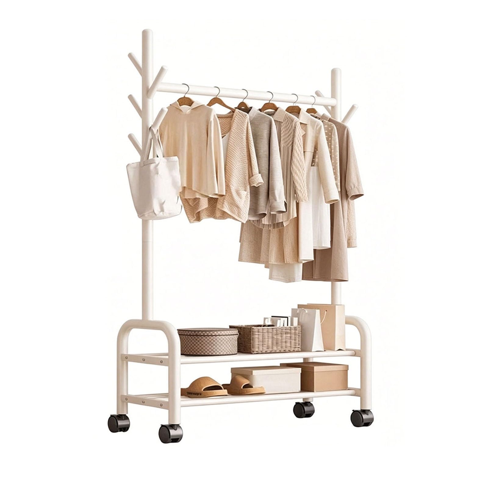 Freistehender Metall-Kleiderständer, Rollen, beweglich, rollend, Kleiderbügel, Ständer, strapazierfähig, Hängeaufbewahrung, Schlafzimmer, Flur (Weiß, 100 cm)