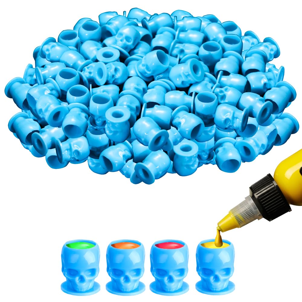 Disposable Skull Ink Cups - 200pcs For Tattoo and Permanent Makeup Container Cap - Accessory, Supplies, Kits (Blue)