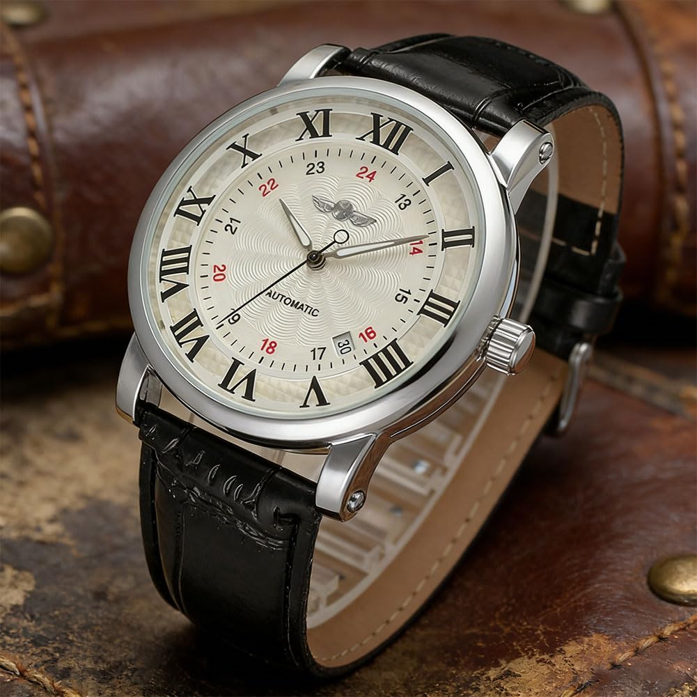 AMONIDA Orologio Meccanico Automatico da Uomo, Orologio con Quadrante con Numeri Romani, Cinturino in Pelle PU con Design da da Polso, Ideale per la Famiglia e gli Amici